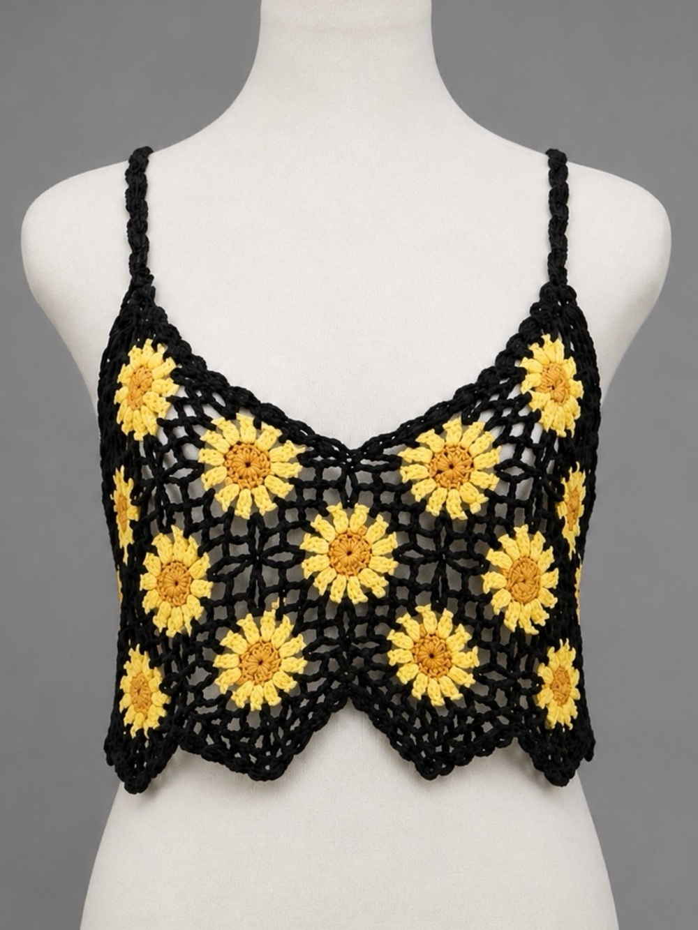 Vintage black yellow flower cropped see-through crocheted Coachella chic…